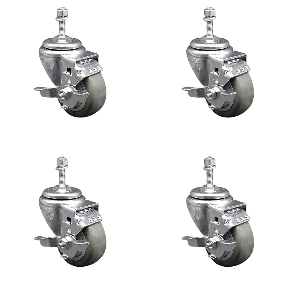 Stainless Steel Polyurethane Swivel Threaded Stem Caster Set of 4 w/3.5" x 1.25" Gray Wheels and 10mm Stems - Includes 4 with Top Lock Brakes - 1200 lbs Total Capacity - Service Caster Brand — photo 1