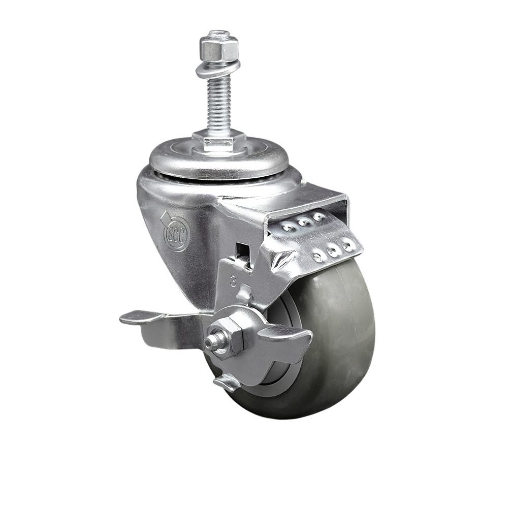 Stainless Steel Polyurethane Swivel Threaded Stem Caster w/3.5" x 1.25" Gray Wheel and 10mm Stem & Top Locking Brake - 300 lbs Capacity/Caster - Service Caster Brand — photo 1