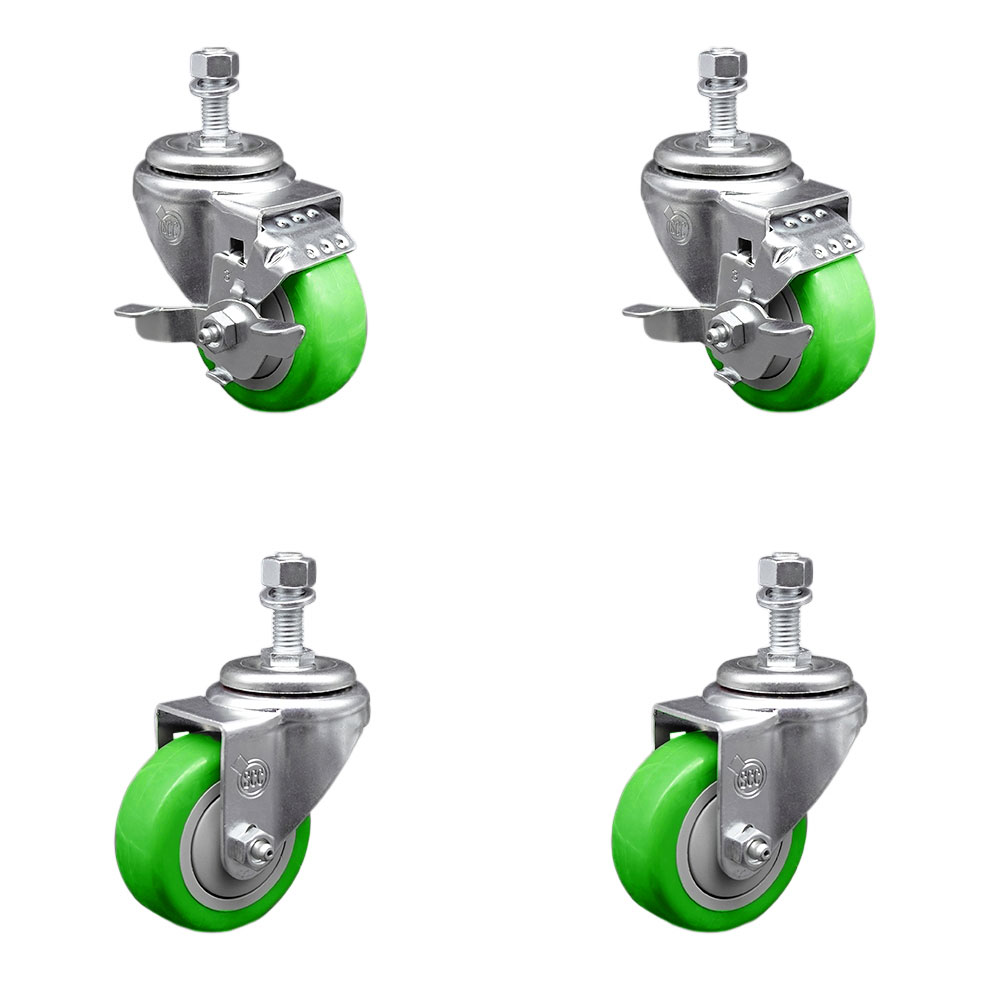 Stainless Steel Polyurethane Swivel Threaded Stem Caster Set of 4 w/3.5" x 1.25" Green Wheels and 12mm Stems - Includes 2 with Top Locking Brake - 1200 lbs Total Capacity - Service Caster Brand — photo 1