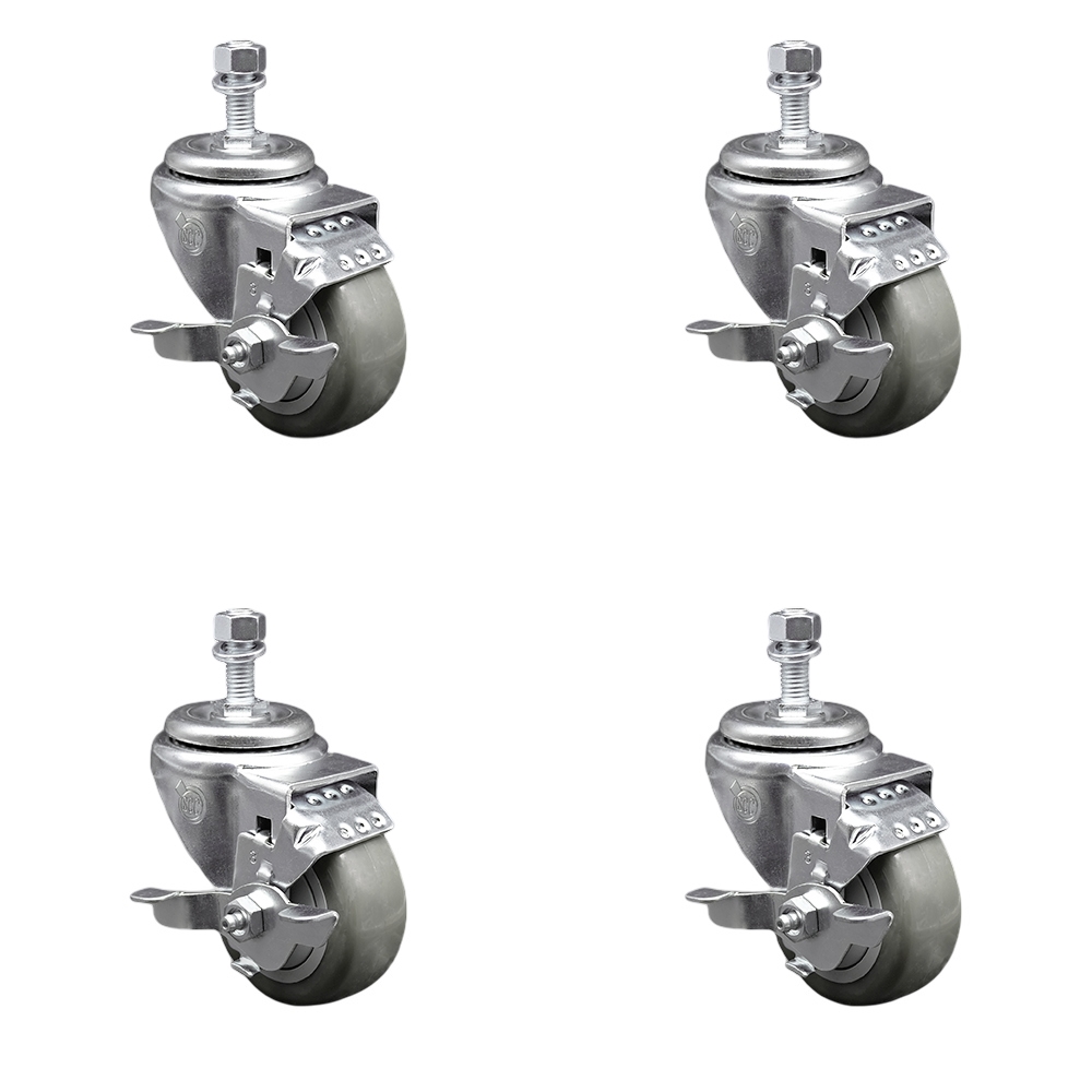 Stainless Steel Polyurethane Swivel Threaded Stem Caster Set of 4 w/3.5" x 1.25" Gray Wheels and 12mm Stems - Includes 4 with Top Lock Brakes - 1200 lbs Total Capacity - Service Caster Brand — photo 1
