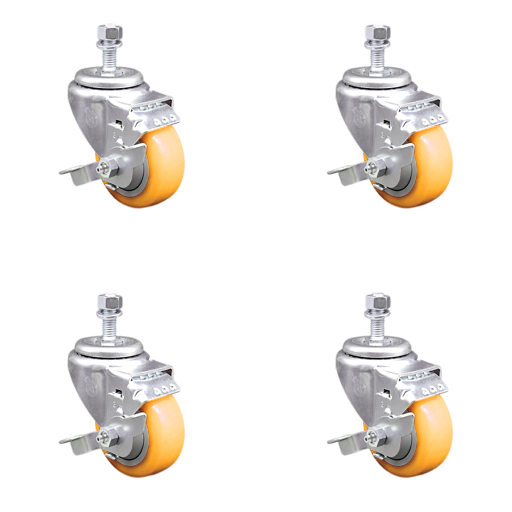 Stainless Steel Polyurethane Swivel Threaded Stem Caster Set of 4 w/3.5" x 1.25" Yellow Wheels and 1/2" Stems - Includes 4 with Top Lock Brakes - 1200 lbs Total Capacity - Service Caster Brand — photo 1