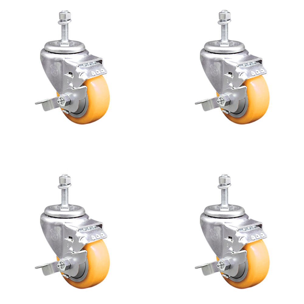 Stainless Steel Polyurethane Swivel Threaded Stem Caster Set of 4 w/3.5" x 1.25" Yellow Wheels and 3/8" Stems - Includes 4 with Top Lock Brakes - 1200 lbs Total Capacity - Service Caster Brand — photo 1