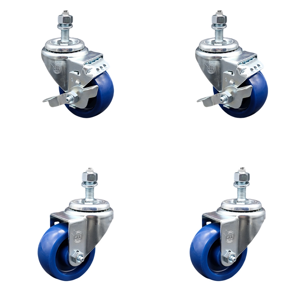 Stainless Steel Solid Polyurethane Swivel Threaded Stem Caster Set of 4 w/3.5" x 1.25" Blue Wheels and 1/2" Stems - Includes 2 with Top Locking Brake - 1200 lbs Total Capacity - Service Caster Brand — photo 1
