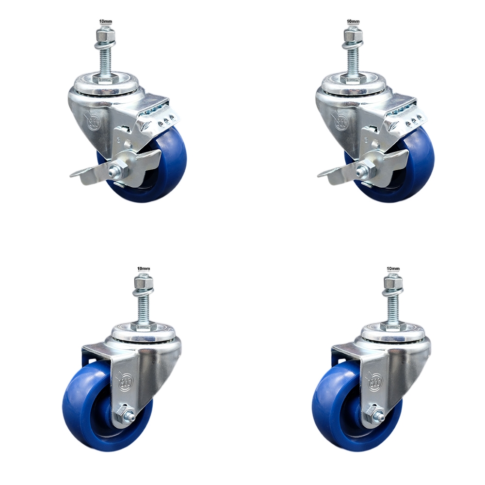 Stainless Steel Solid Polyurethane Swivel Threaded Stem Caster Set 4 w/3.5" x 1.25" Blue Wheels and 10MM Metric Stems - Includes 2 with Top Locking Brake - 1200 lbs Total Capacity-Service Caster Brand — photo 1
