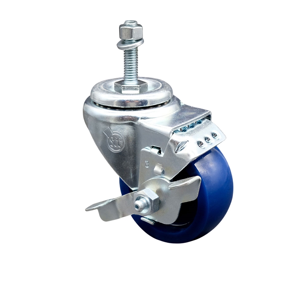 Stainless Steel Solid Polyurethane Swivel Threaded Stem Caster w/3.5" x 1.25" Blue Wheel and 3/8" Stem & Top Locking Brake - 300 lbs Capacity/Caster - Service Caster Brand — photo 1
