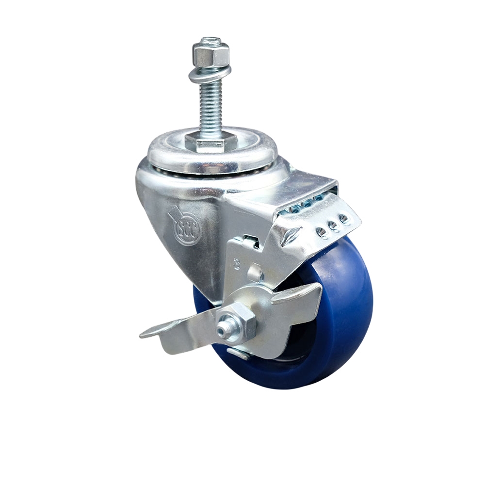 Stainless Steel Solid Polyurethane Swivel Threaded Stem Caster w/3.5" x 1.25" Blue Wheel and 10MM Metric Stem & Top Locking Brake - 300 lbs Capacity/Caster - Service Caster Brand — photo 1