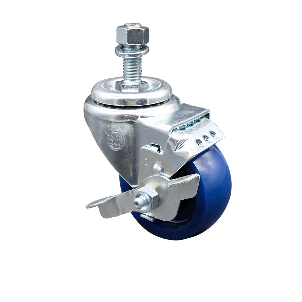 Stainless Steel Solid Polyurethane Swivel Threaded Stem Caster w/3.5" x 1.25" Blue Wheel and 12MM Metric Stem & Top Locking Brake - 300 lbs Capacity/Caster - Service Caster Brand — photo 1