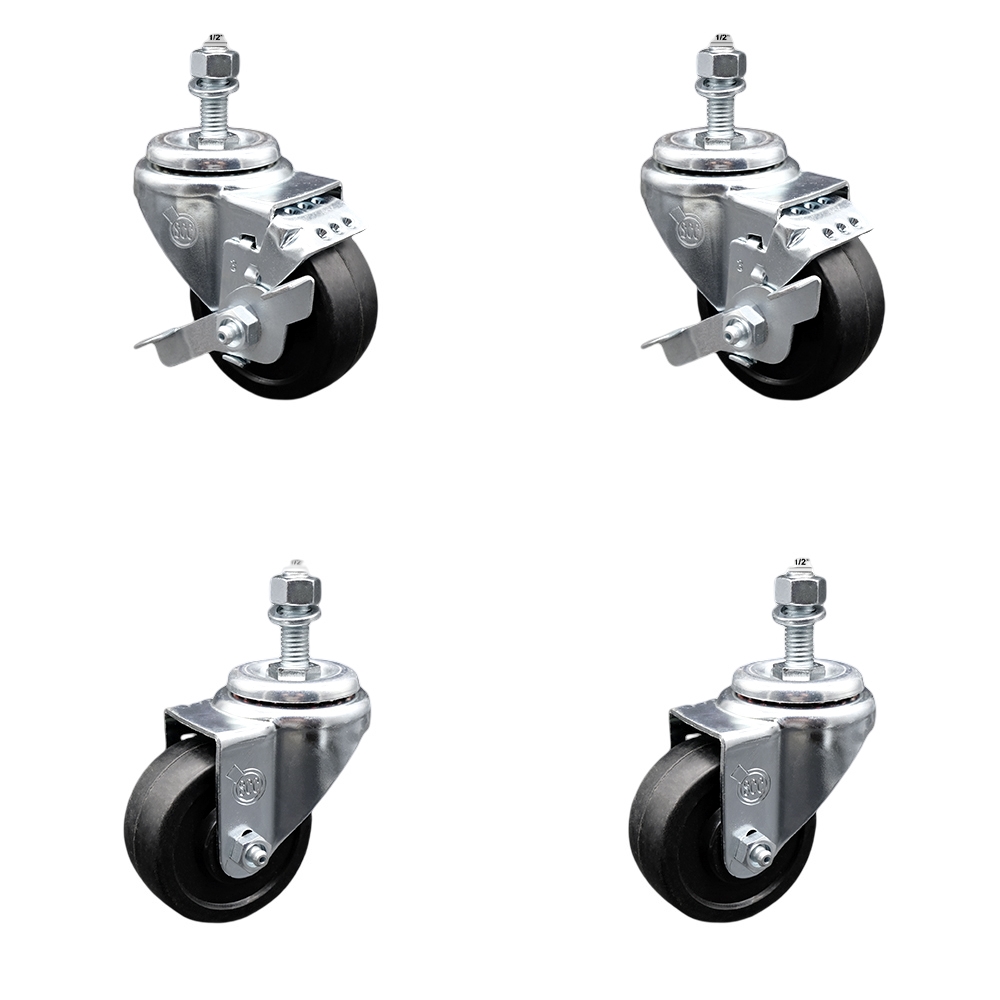 Stainless Steel Soft Rubber Swivel Threaded Stem Caster Set of 4 w/3.5" x 1.25" Black Wheels and 1/2" Stems - Includes 2 with Top Locking Brake - 800 lbs Total Capacity - Service Caster Brand — photo 1