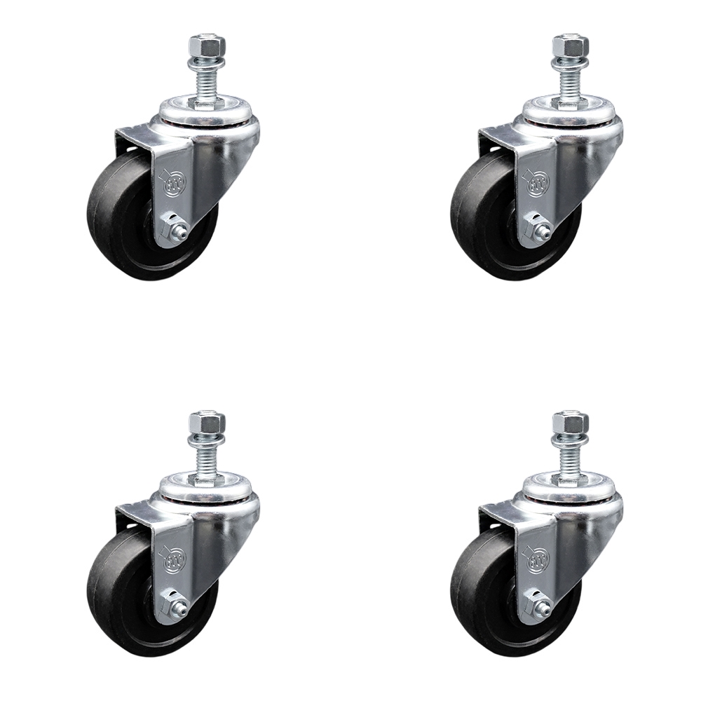 Stainless Steel Soft Rubber Swivel Threaded Stem Caster Set of 4 w/3.5" x 1.25" Black Wheels and 3/8" Stems - Includes 4 Swivel - 800 lbs Total Capacity - Service Caster Brand — photo 1