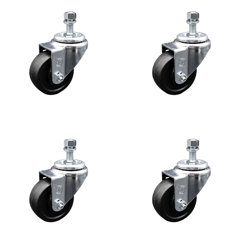 Stainless Steel Soft Rubber Swivel Threaded Stem Caster Set of 4 w/3.5" x 1.25" Black Wheels and 10mm Stems - Includes 4 Swivel - 800 lbs Total Capacity - Service Caster Brand — photo 1