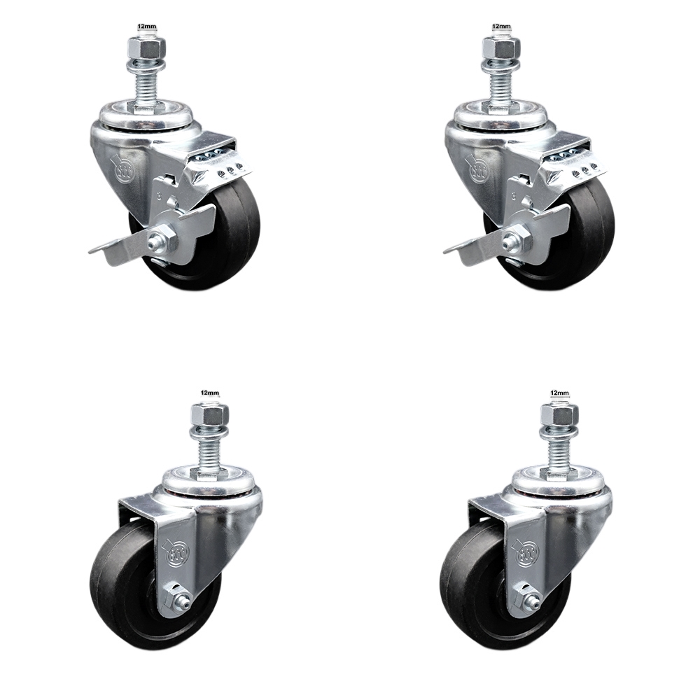 Stainless Steel Soft Rubber Swivel Threaded Stem Caster Set 4 w/3.5" x 1.25" Black Wheels and 12MM Metric Stems - Includes 2 with Top Locking Brake - 800 lbs Total Capacity-Service Caster Brand — photo 1