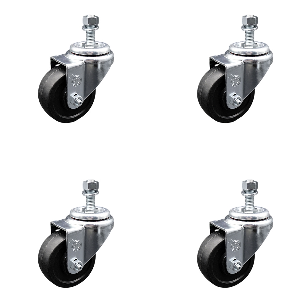 Stainless Steel Soft Rubber Swivel Threaded Stem Caster Set of 4 w/3.5" x 1.25" Black Wheels and 12mm Stems - Includes 4 Swivel - 800 lbs Total Capacity - Service Caster Brand — photo 1