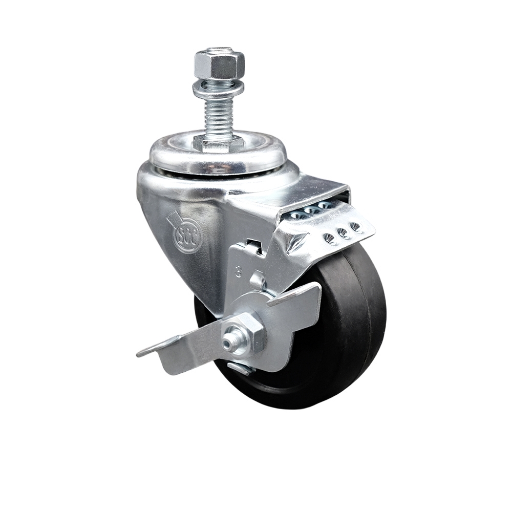 Stainless Steel Soft Rubber Swivel Threaded Stem Caster w/3.5" x 1.25" Black Wheel and 1/2" Stem & Top Locking Brake - 200 lbs Capacity/Caster - Service Caster Brand — photo 1