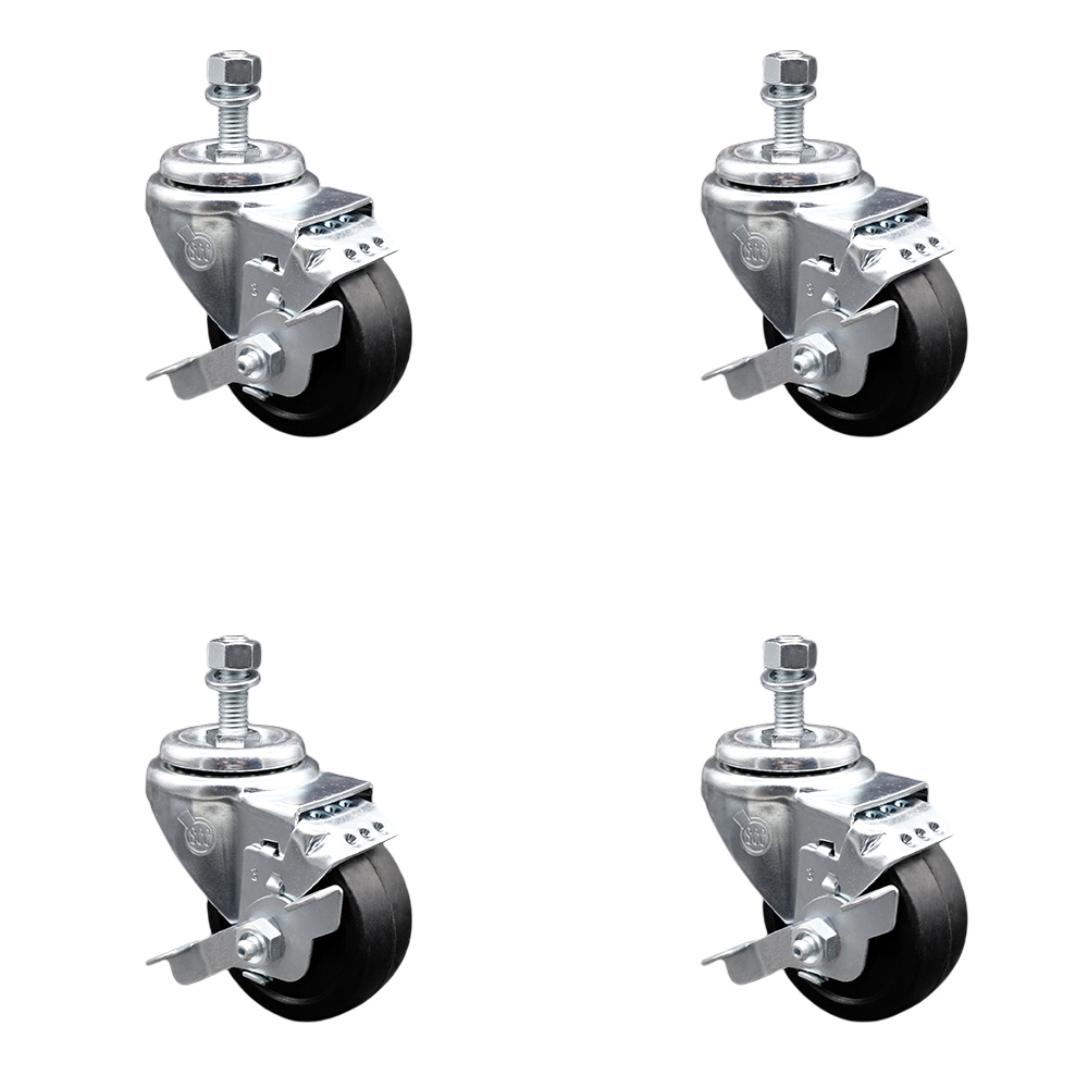 Stainless Steel Soft Rubber Swivel Threaded Stem Caster Set of 4 w/3.5" x 1.25" Black Wheels and 3/8" Stems - Includes 4 with Top Lock Brakes - 800 lbs Total Capacity - Service Caster Brand — photo 1