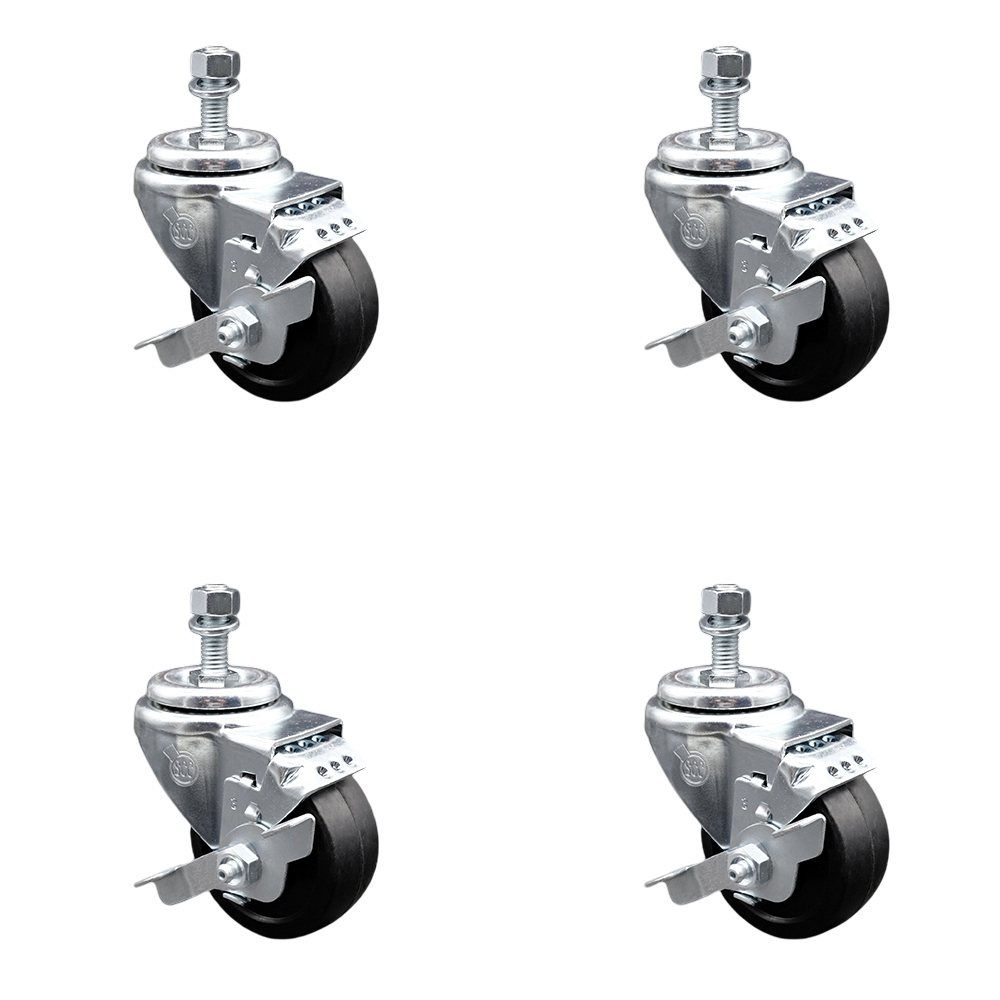 Stainless Steel Soft Rubber Swivel Threaded Stem Caster Set of 4 w/3.5" x 1.25" Black Wheels and 12mm Stems - Includes 4 with Top Lock Brakes - 800 lbs Total Capacity - Service Caster Brand — photo 1