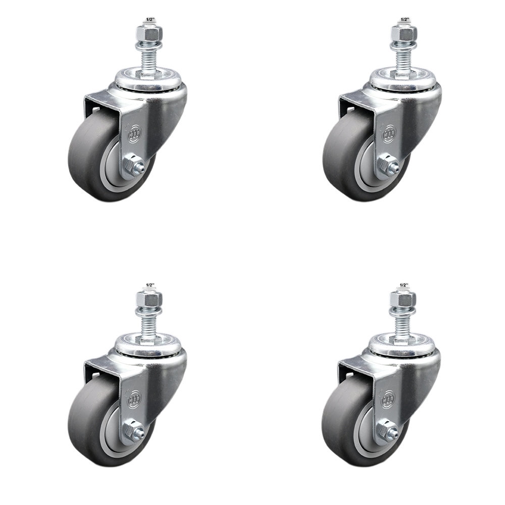 Stainless Steel Thermoplastic Rubber Swivel Threaded Stem Caster Set of 4 - 3.5" x 1.25" Gray Wheels and 1/2" Stems - Includes 2 with Top Locking Brake - 920 lbs Total Capacity - Service Caster Brand — photo 1