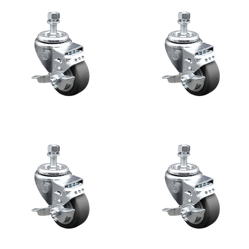 Stainless Steel Thermoplastic Rubber Swivel Threaded Stem Caster Set of 4 w/3.5" x 1.25" Gray Wheels and 1/2" Stems - Includes 4 with Top Lock Brakes - 920 lbs Total Capacity - Service Caster Brand — photo 1