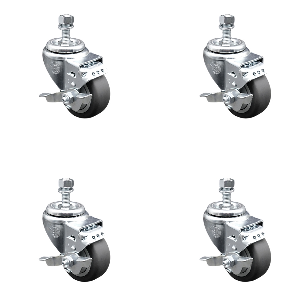 Stainless Steel Thermoplastic Rubber Swivel Threaded Stem Caster Set of 4 w/3.5" x 1.25" Gray Wheels and 10mm Stems - Includes 4 with Top Lock Brakes - 920 lbs Total Capacity - Service Caster Brand — photo 1