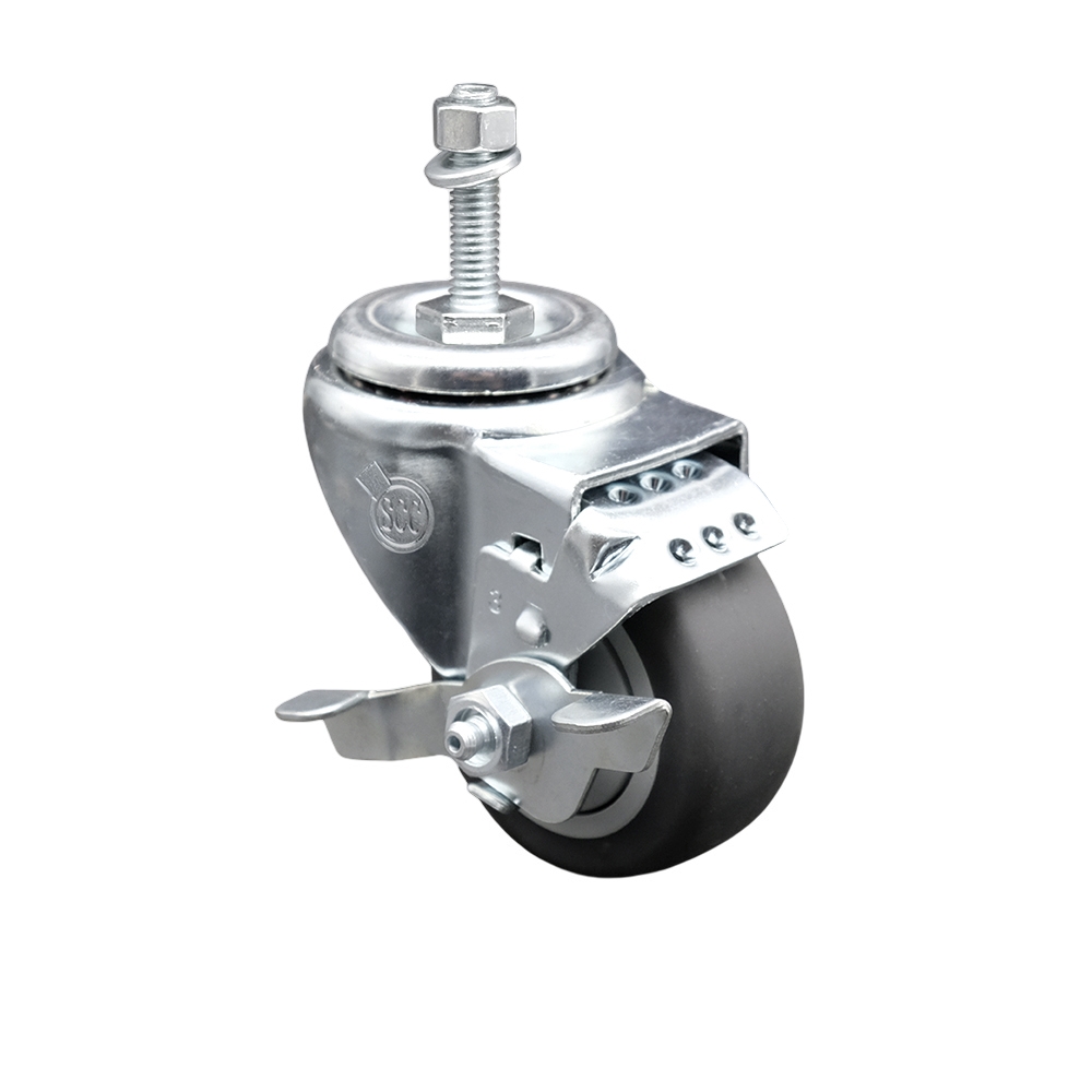 Stainless Steel Thermoplastic Rubber Swivel Threaded Stem Caster - 3.5" x 1.25" Gray Wheel and 10MM Metric Stem & Top Locking Brake - 230 lbs Capacity/Caster - Service Caster Brand — photo 1