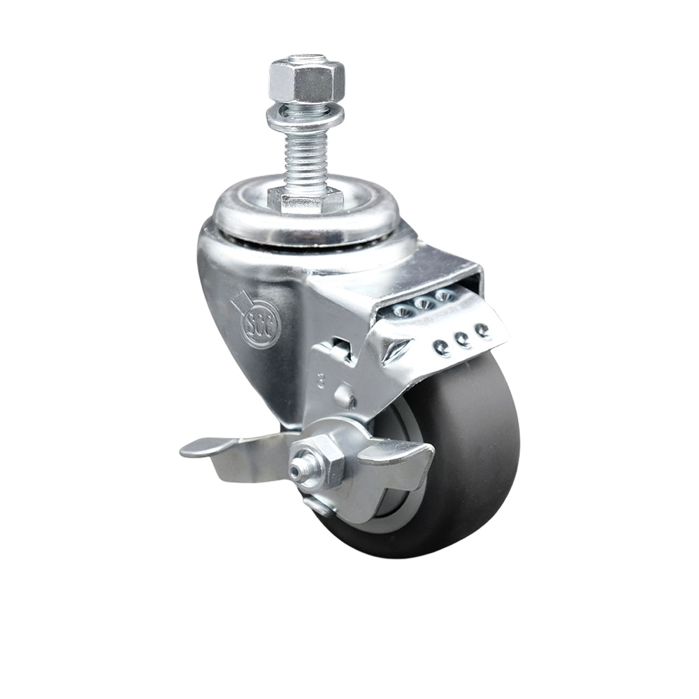 Stainless Steel Thermoplastic Rubber Swivel Threaded Stem Caster - 3.5" x 1.25" Gray Wheel and 12MM Metric Stem & Top Locking Brake - 230 lbs Capacity/Caster - Service Caster Brand — photo 1