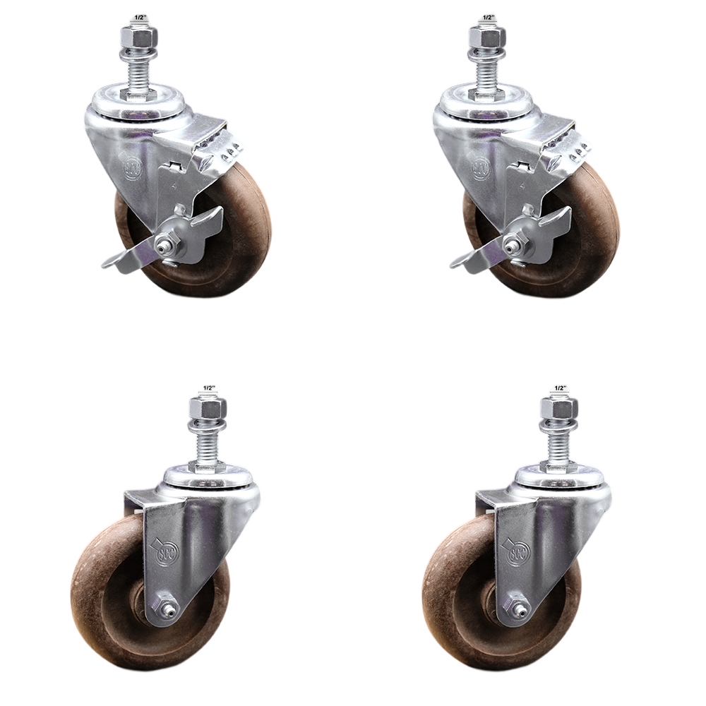 Stainless Steel High Temp Glass Filled Nylon Swivel Threaded Stem Caster Set 4 w/4" x 1.25" Brown Wheels and 1/2" Stems-Includes 2 with Top Locking Brake-1400 lbs Total Capacity-Service Caster Brand — photo 1