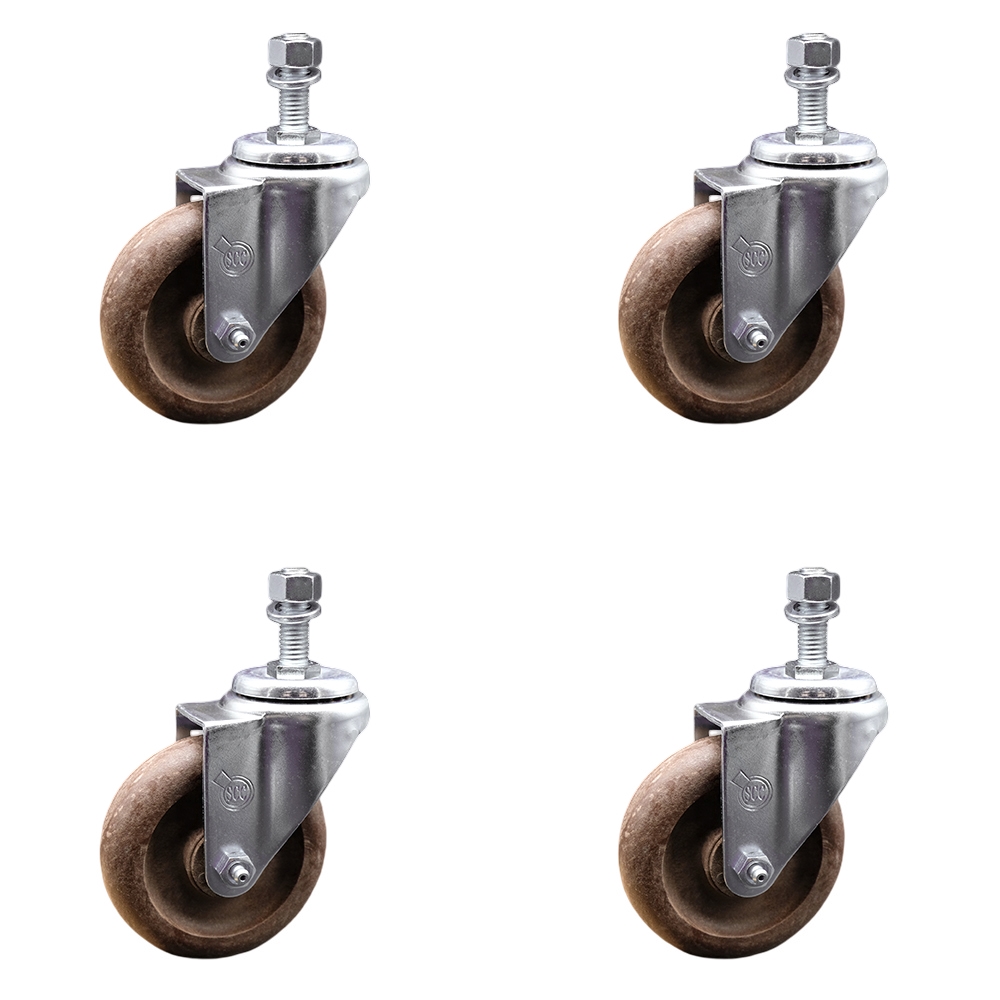Stainless Steel High Temp Glass Filled Nylon Swivel Threaded Stem Caster Set of 4 w/4" x 1.25" Brown Wheels and 1/2" Stems - Includes 4 Swivel - 1400 lbs Total Capacity - Service Caster Brand — photo 1