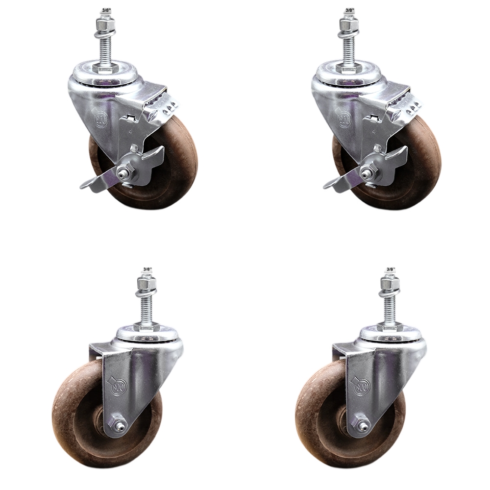 Stainless Steel High Temp Glass Filled Nylon Swivel Threaded Stem Caster Set 4 w/4" x 1.25" Brown Wheels and 3/8" Stems-Includes 2 with Top Locking Brake-1400 lbs Total Capacity-Service Caster Brand — photo 1