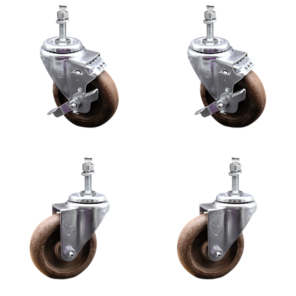Stainless Steel High Temp Glass Filled Nylon Swivel Threaded Stem Caster Set 4 w/4" x 1.25" Brown Wheels&10MM Metric Stems-Includes 2 w/Top Locking Brake-1400 lbs Total Capacity-Service Caster Brand — photo 1