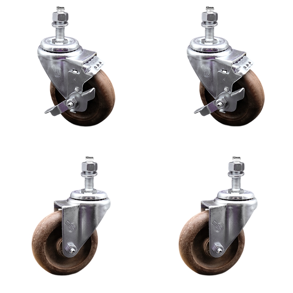 Stainless Steel High Temp Glass Filled Nylon Swivel Threaded Stem Caster Set 4 w/4" x 1.25" Brown Wheels&12MM Metric Stems-Includes 2 w/Top Locking Brake-1400 lbs Total Capacity-Service Caster Brand — photo 1