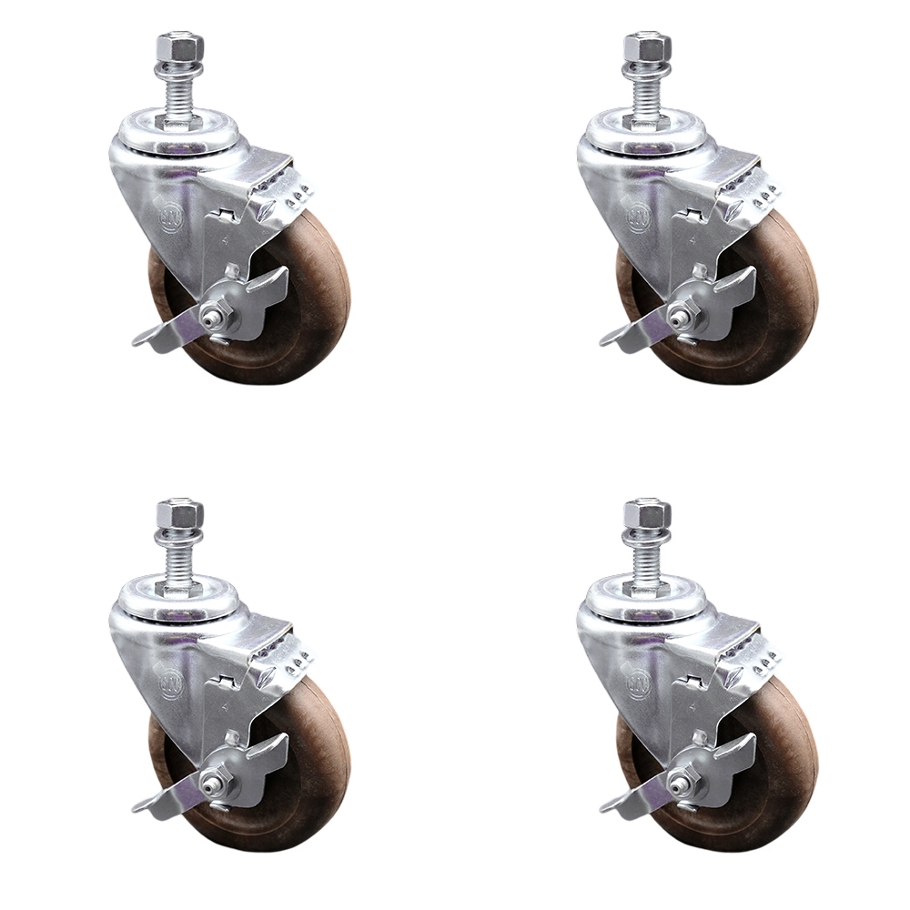 Stainless Steel High Temp Glass Filled Nylon Swivel Threaded Stem Caster Set of 4 w/4" x 1.25" Brown Wheels & 1/2" Stems - Includes 4 with Top Lock Brakes- 1400 lbs Total Capacity-Service Caster Brand — photo 1