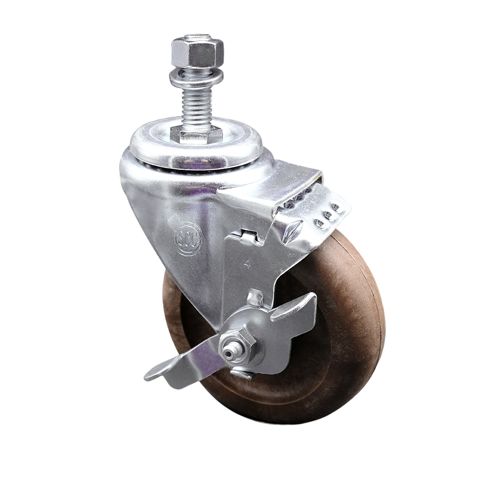 Stainless Steel High Temp Glass Filled Nylon Swivel Threaded Stem Caster w/4" x 1.25" Brown Wheel and 1/2" Stem & Top Locking Brake - 350 lbs Capacity/Caster - Service Caster Brand — photo 1