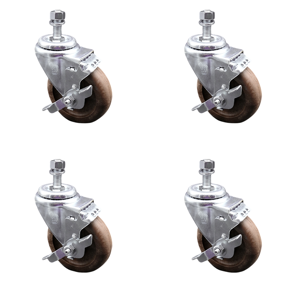 Stainless Steel High Temp Glass Filled Nylon Swivel Threaded Stem Caster Set of 4 w/4" x 1.25" Brown Wheels & 3/8" Stems - Includes 4 with Top Lock Brakes- 1400 lbs Total Capacity-Service Caster Brand — photo 1