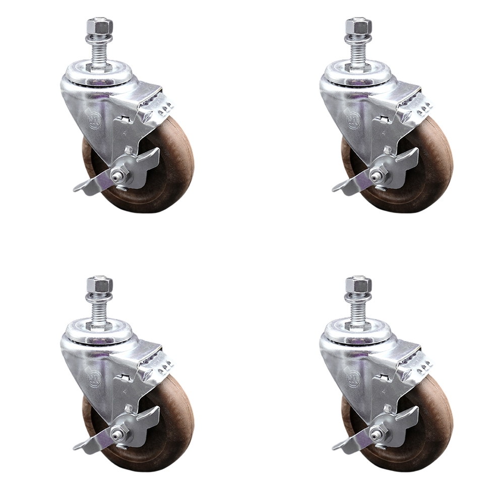 Stainless Steel High Temp Glass Filled Nylon Swivel Threaded Stem Caster Set of 4 w/4" x 1.25" Brown Wheels and 10mm Stems- Includes 4 with Top Lock Brakes-1400 lbs Total Capacity-Service Caster Brand — photo 1