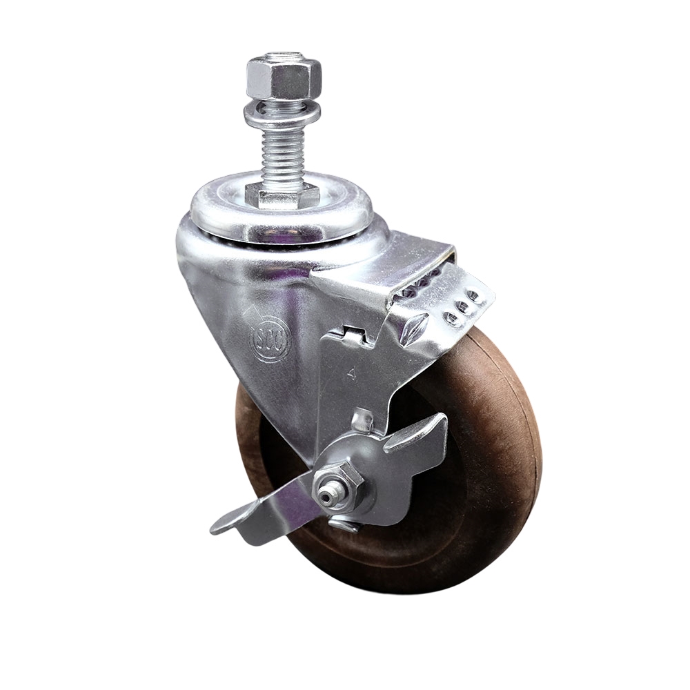Stainless Steel High Temp Glass Filled Nylon Swivel Threaded Stem Caster w/4" x 1.25" Brown Wheel and 12MM Metric Stem & Top Locking Brake - 350 lbs Capacity/Caster - Service Caster Brand — photo 1