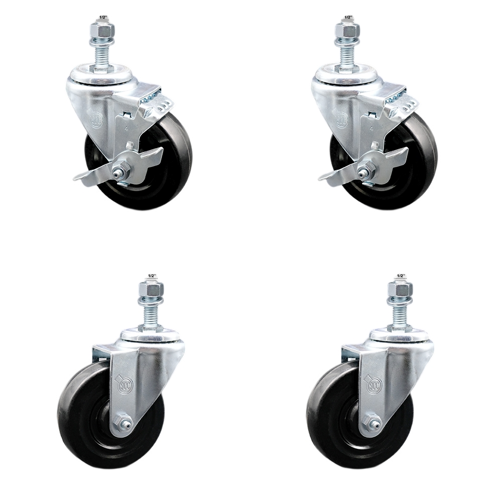 Stainless Steel Hard Rubber Swivel Threaded Stem Caster Set of 4 w/4" x 1.25" Black Wheels and 1/2" Stems - Includes 2 with Top Locking Brake - 1100 lbs Total Capacity - Service Caster Brand — photo 1
