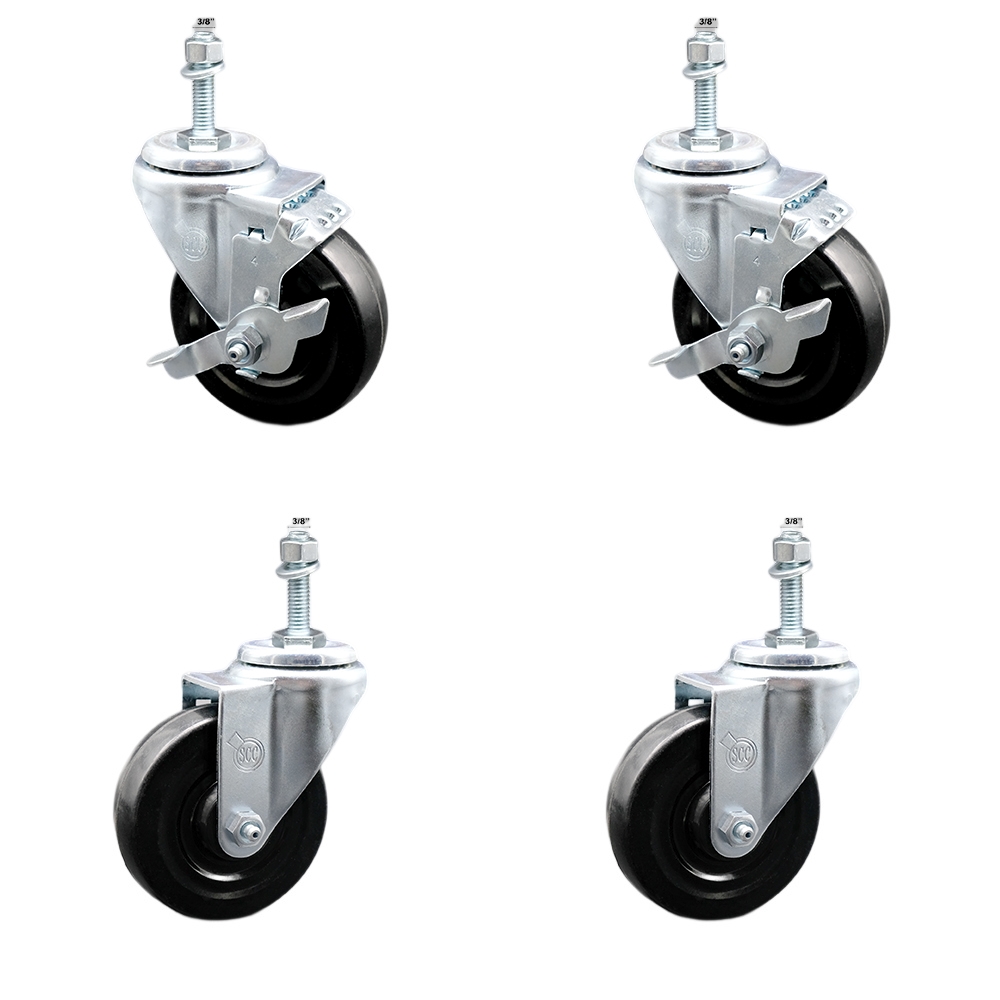 Stainless Steel Hard Rubber Swivel Threaded Stem Caster Set of 4 w/4" x 1.25" Black Wheels and 3/8" Stems - Includes 2 with Top Locking Brake - 1100 lbs Total Capacity - Service Caster Brand — photo 1
