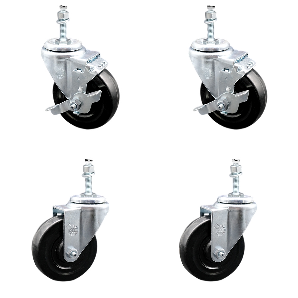Stainless Steel Hard Rubber Swivel Threaded Stem Caster Set of 4 w/4" x 1.25" Black Wheels and 10MM Metric Stems - Includes 2 with Top Locking Brake - 1100 lbs Total Capacity - Service Caster Brand — photo 1