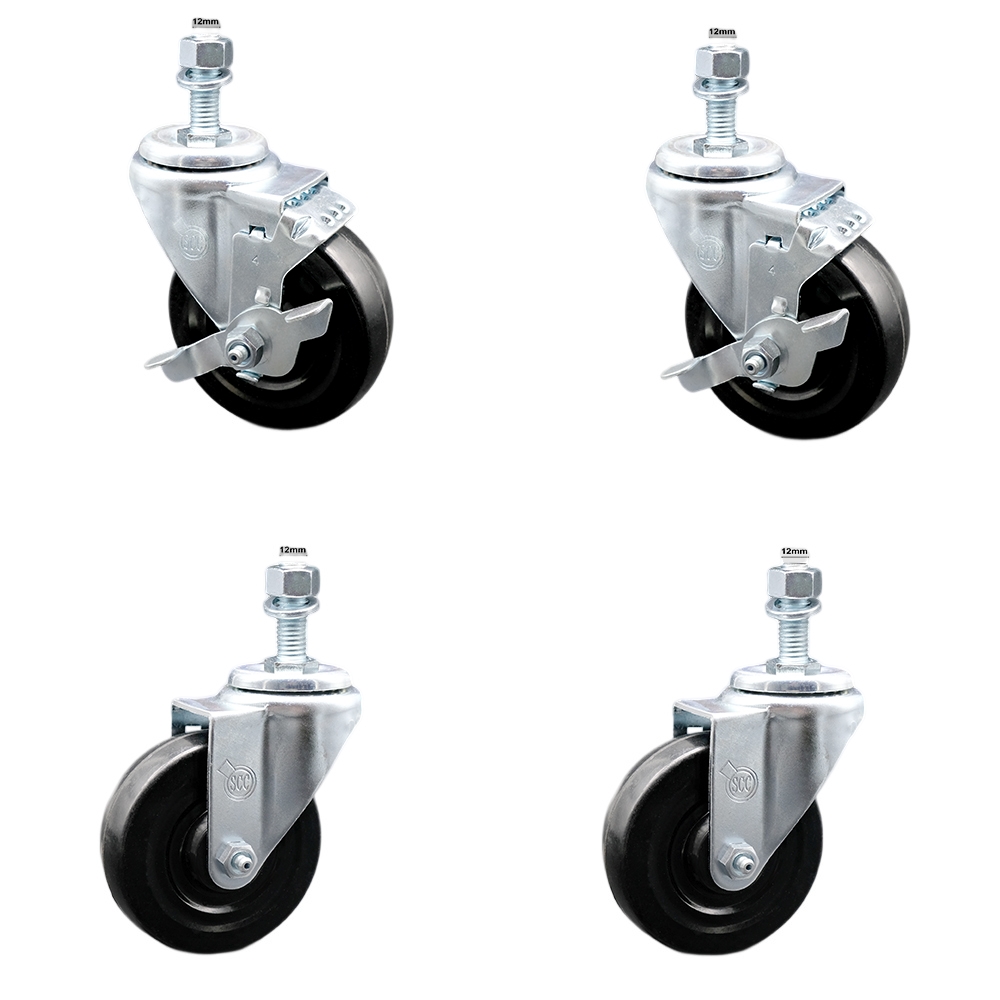 Stainless Steel Hard Rubber Swivel Threaded Stem Caster Set of 4 w/4" x 1.25" Black Wheels and 12MM Metric Stems - Includes 2 with Top Locking Brake - 1100 lbs Total Capacity - Service Caster Brand — photo 1