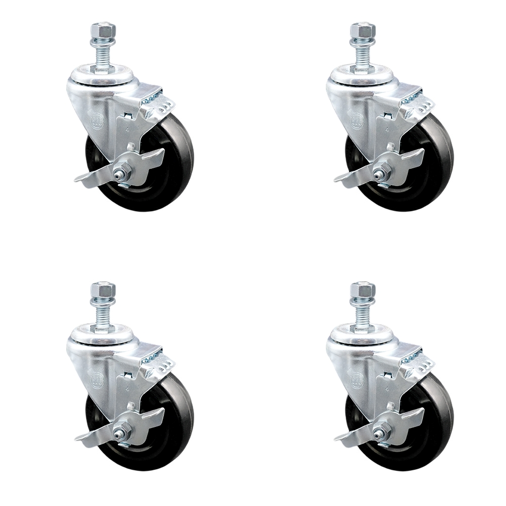Stainless Steel Hard Rubber Swivel Threaded Stem Caster Set of 4 w/4" x 1.25" Black Wheels and 3/8" Stems - Includes 4 with Top Lock Brakes - 1200 lbs Total Capacity - Service Caster Brand — photo 1
