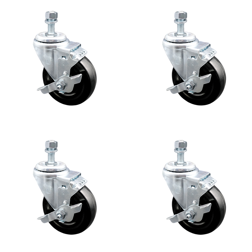 Stainless Steel Hard Rubber Swivel Threaded Stem Caster Set of 4 w/4" x 1.25" Black Wheels and 12mm Stems - Includes 4 with Top Lock Brakes - 1200 lbs Total Capacity - Service Caster Brand — photo 1