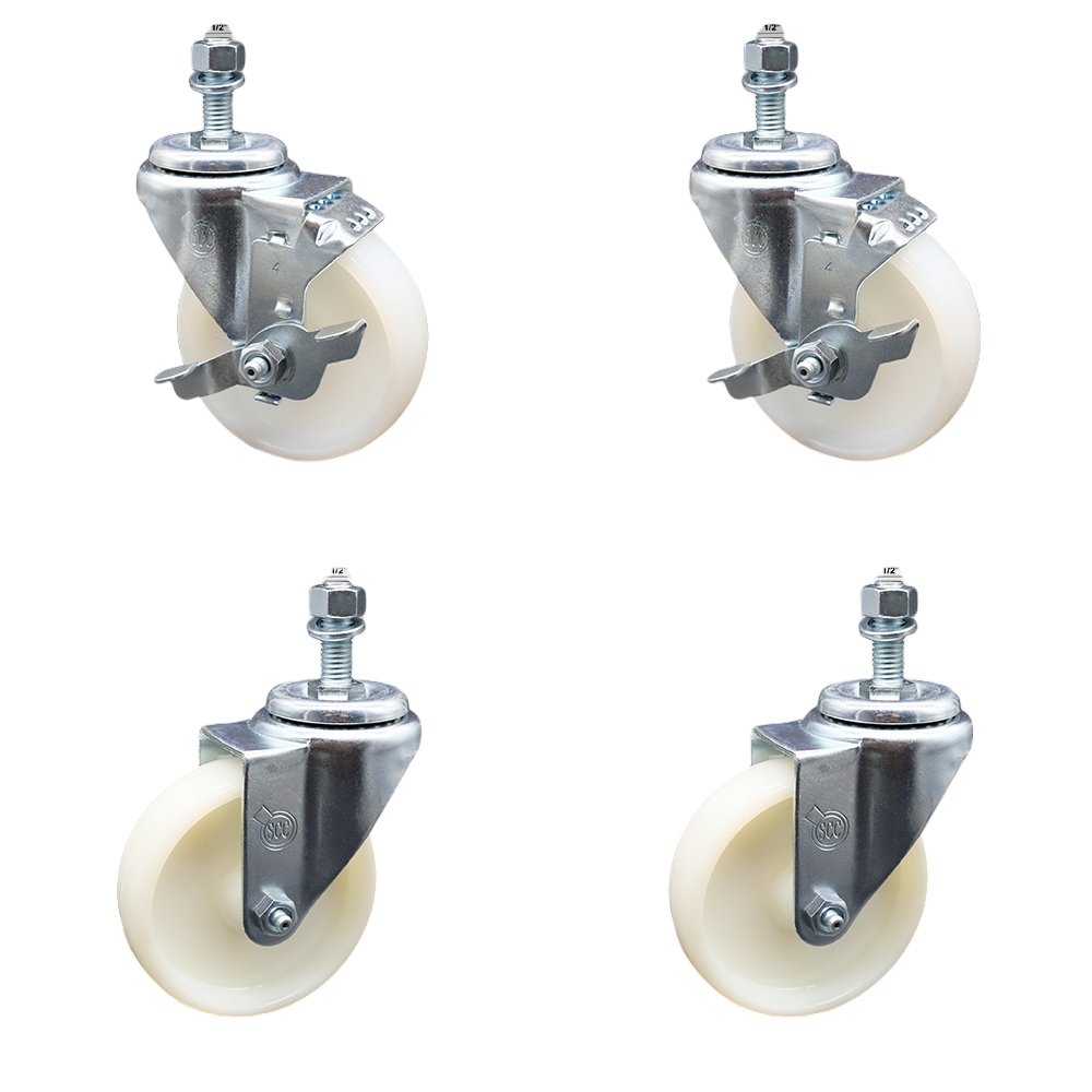 Stainless Steel Nylon Swivel Threaded Stem Caster Set of 4 w/4" x 1.25" White Wheels and 1/2" Stems - Includes 2 with Top Locking Brake - 1200 lbs Total Capacity - Service Caster Brand — photo 1
