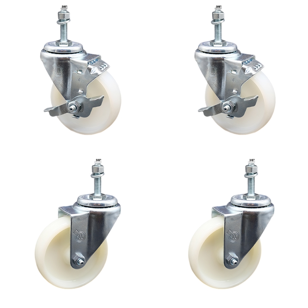 Stainless Steel Nylon Swivel Threaded Stem Caster Set of 4 w/4" x 1.25" White Wheels and 3/8" Stems - Includes 2 with Top Locking Brake - 1200 lbs Total Capacity - Service Caster Brand — photo 1
