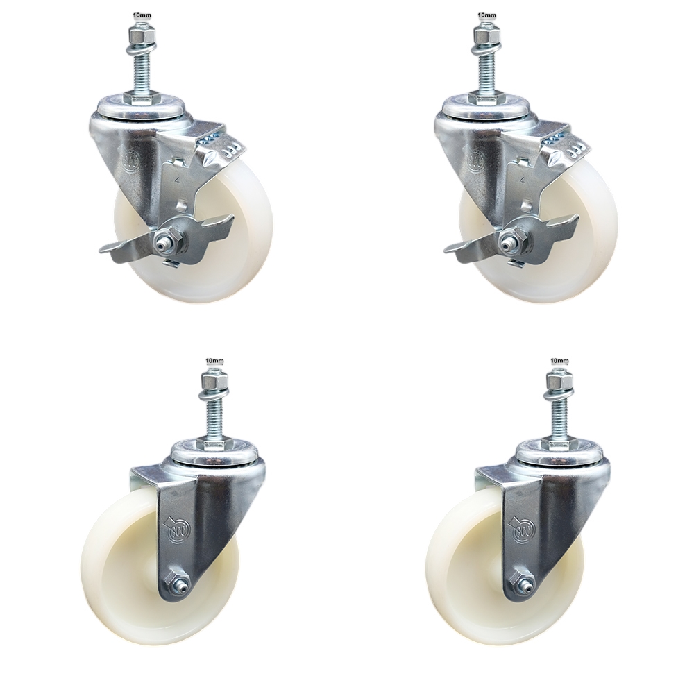 Stainless Steel Nylon Swivel Threaded Stem Caster Set of 4 w/4" x 1.25" White Wheels and 10MM Metric Stems - Includes 2 with Top Locking Brake - 1200 lbs Total Capacity - Service Caster Brand — photo 1