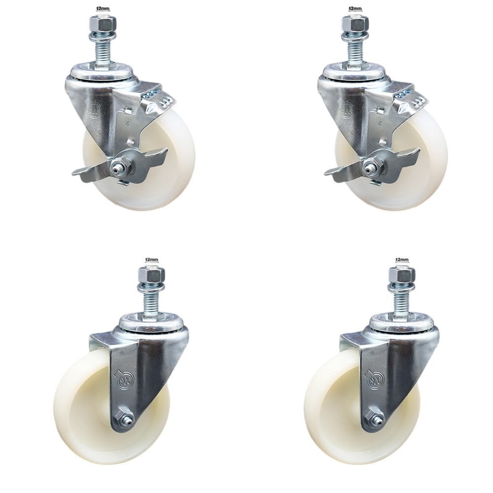 Stainless Steel Nylon Swivel Threaded Stem Caster Set of 4 w/4" x 1.25" White Wheels and 12MM Metric Stems - Includes 2 with Top Locking Brake - 1200 lbs Total Capacity - Service Caster Brand — photo 1