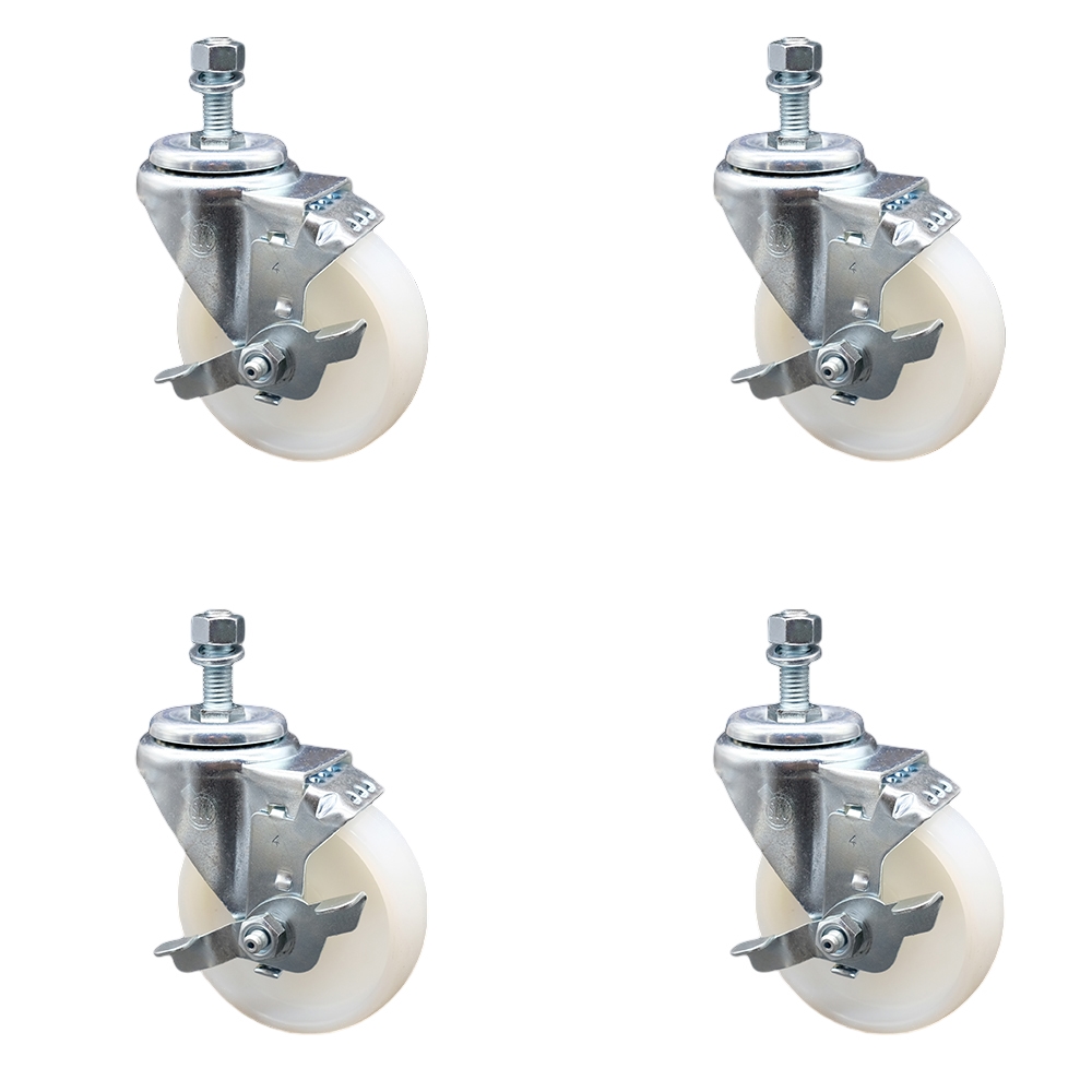 Stainless Steel Nylon Swivel Threaded Stem Caster Set of 4 w/4" x 1.25" White Wheels and 3/8" Stems - Includes 4 with Top Lock Brakes - 1200 lbs Total Capacity - Service Caster Brand — photo 1