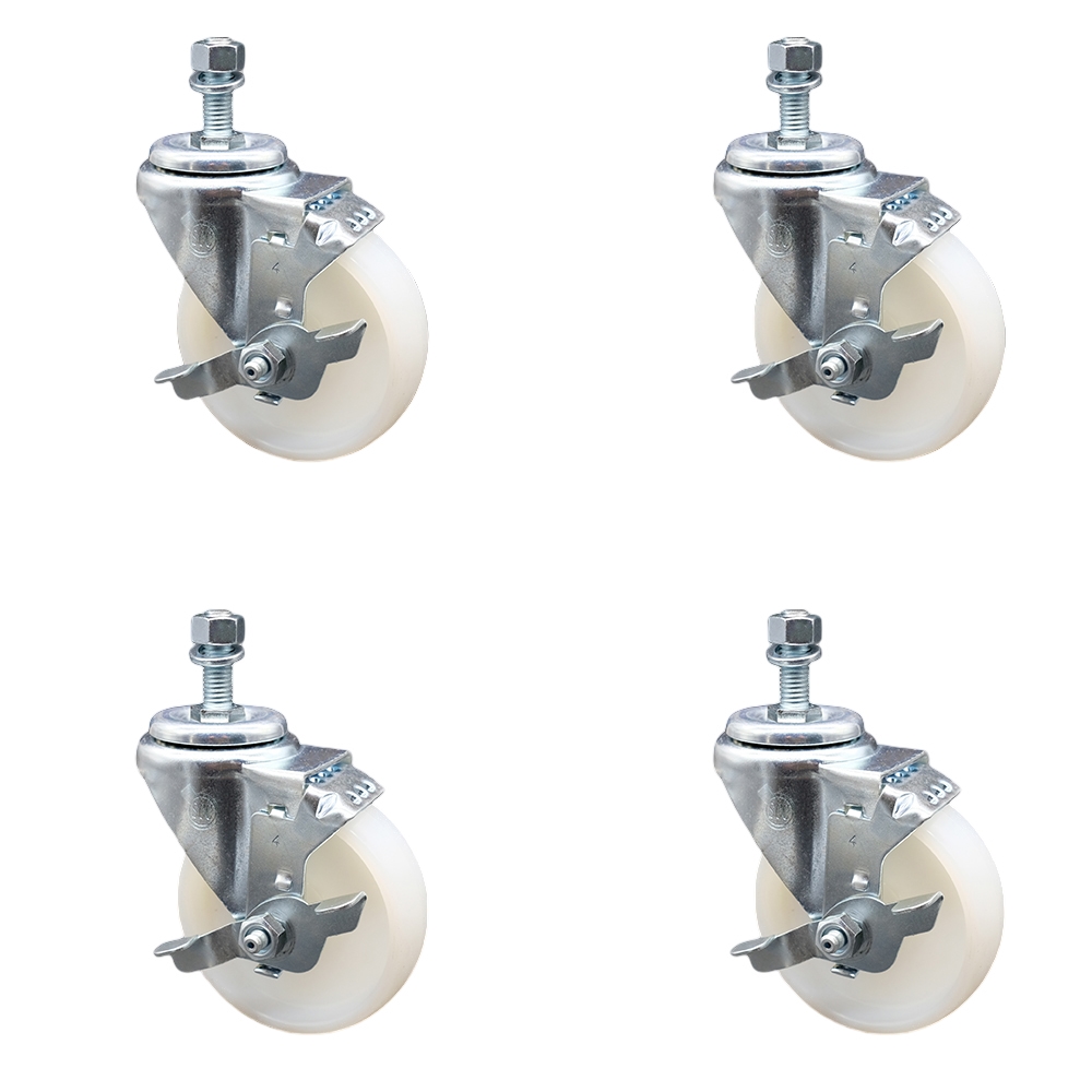 Stainless Steel Nylon Swivel Threaded Stem Caster Set of 4 w/4" x 1.25" White Wheels and 12mm Stems - Includes 4 with Top Lock Brakes - 1200 lbs Total Capacity - Service Caster Brand — photo 1