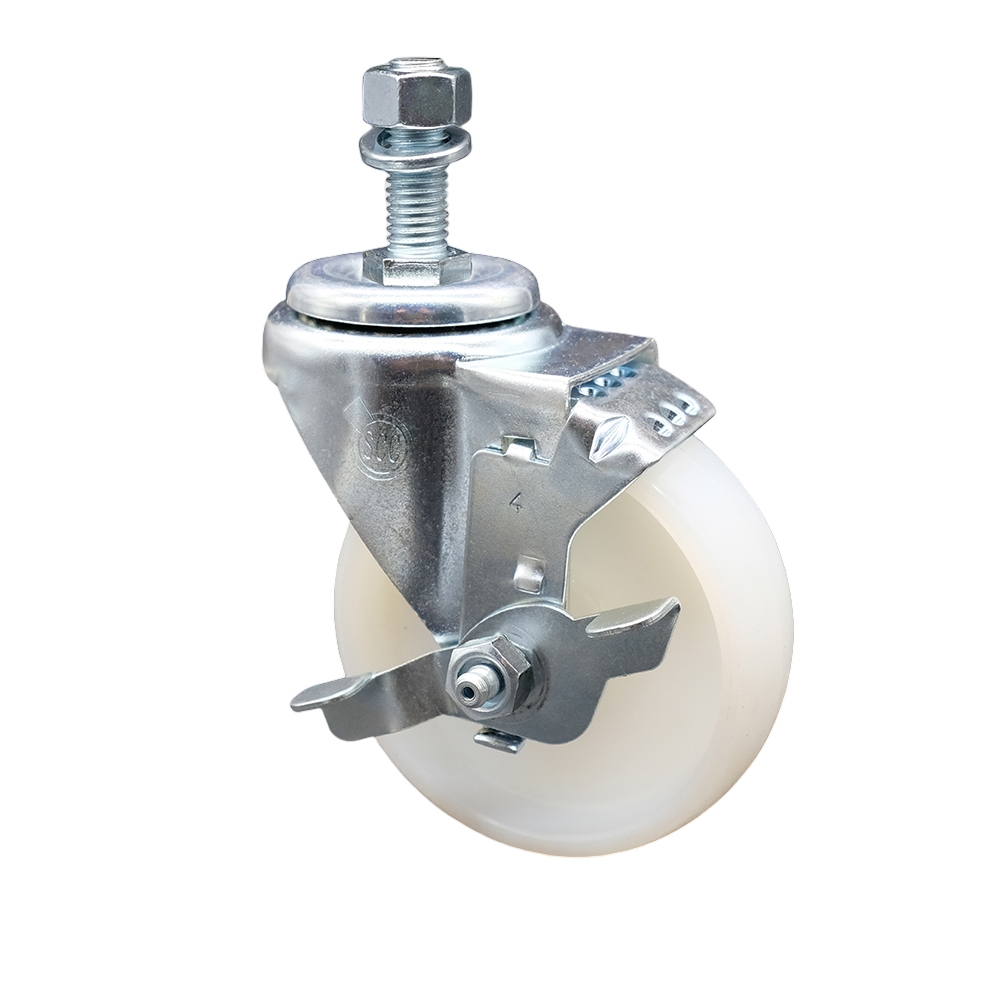 Stainless Steel Nylon Swivel Threaded Stem Caster w/4" x 1.25" White Wheel and 12MM Metric Stem & Top Locking Brake - 300 lbs Capacity/Caster - Service Caster Brand — photo 1