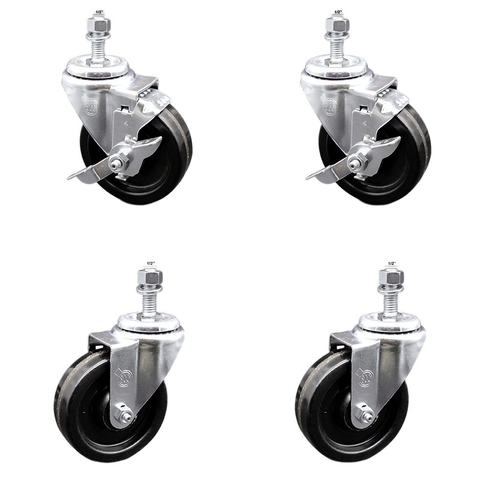 Stainless Steel Phenolic Swivel Threaded Stem Caster Set of 4 w/4" x 1.25" Black Wheels and 1/2" Stems - Includes 2 with Top Locking Brake - 1200 lbs Total Capacity - Service Caster Brand — photo 1