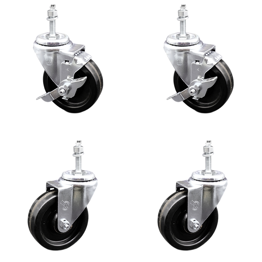 Stainless Steel Phenolic Swivel Threaded Stem Caster Set of 4 w/4" x 1.25" Black Wheels and 3/8" Stems - Includes 2 with Top Locking Brake - 1200 lbs Total Capacity - Service Caster Brand — photo 1