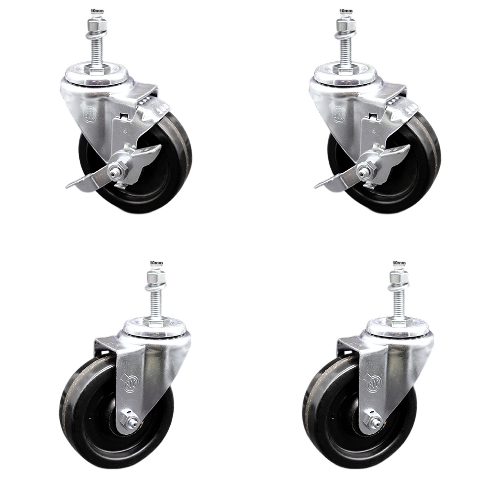 Stainless Steel Phenolic Swivel Threaded Stem Caster Set of 4 w/4" x 1.25" Black Wheels and 10MM Metric Stems - Includes 2 with Top Locking Brake - 1200 lbs Total Capacity - Service Caster Brand — photo 1